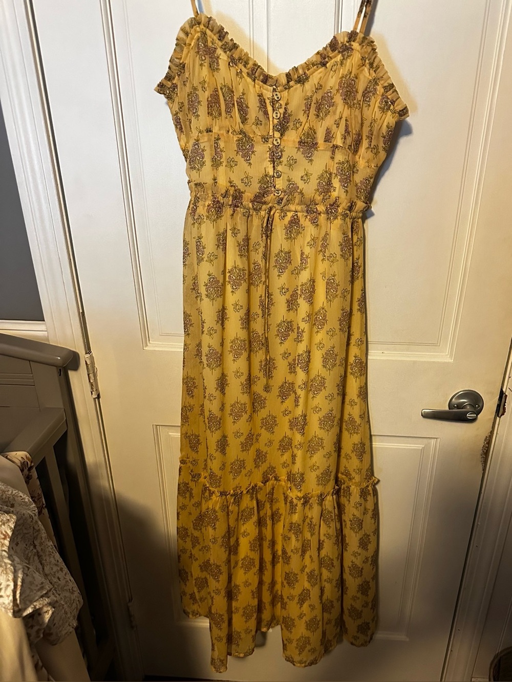 Patrons of Peace Mustard Yellow Floral Maxi Dress with Ruffle Details